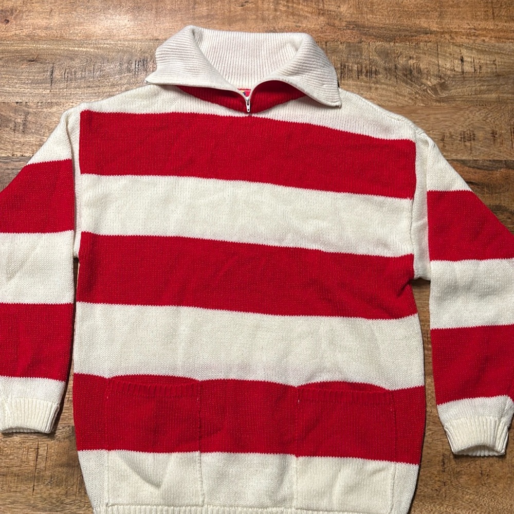 Vintage 1980s Sweater Striped Red White Pockets   Sam & Max Collared (8)